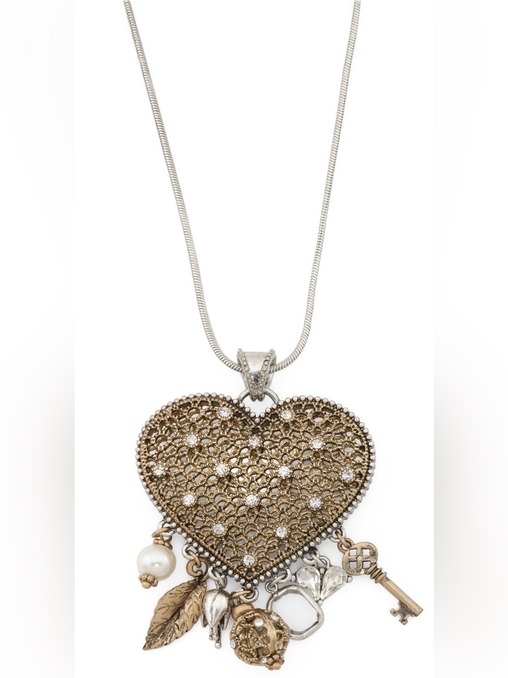Patricia Nash Two-Tone Filigree Heart Pendant Necklace with Charms